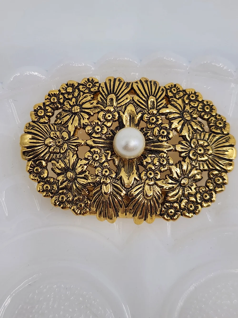 Scarf Clip - Gold-Tone Floral Filigree with Faux Pearl Accent